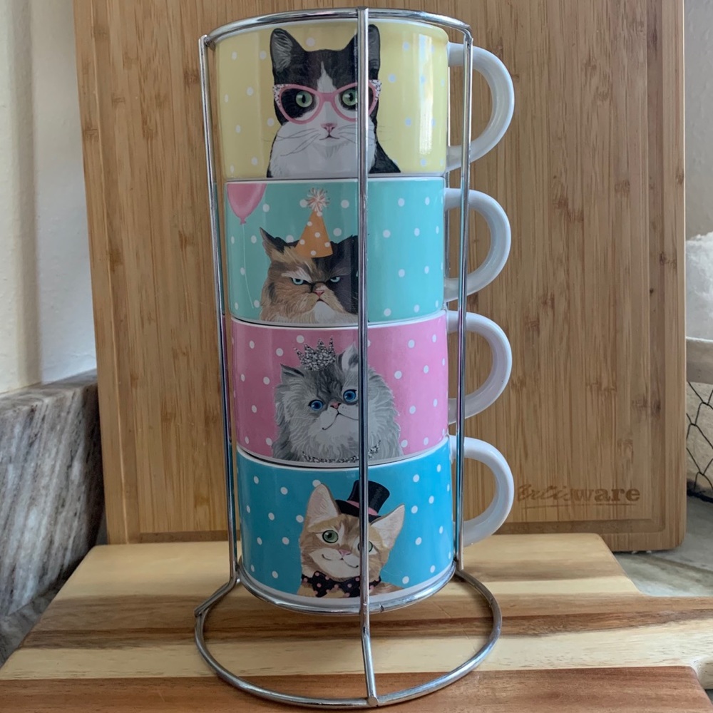 Pier 1 stacking party cat coffee tea mug set +rack